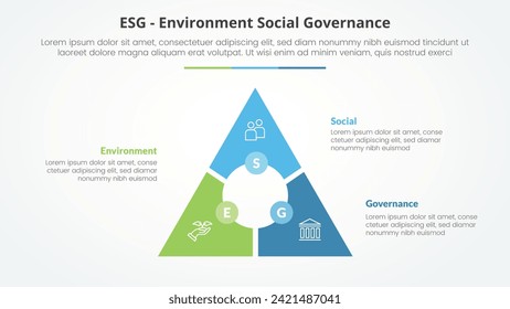 ESG marcos de concepto infográfico para la presentación de diapositivas con el centro de círculo circular del ciclo triangular con lista de 3 puntos con estilo plano