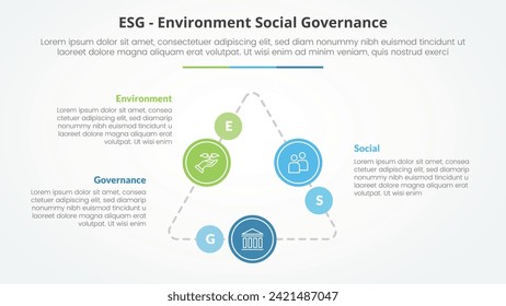 ESG marcos concepto infográfico para presentación de diapositivas con círculo de ciclo triangular en línea triangular conectado a lista de 3 puntos con estilo plano
