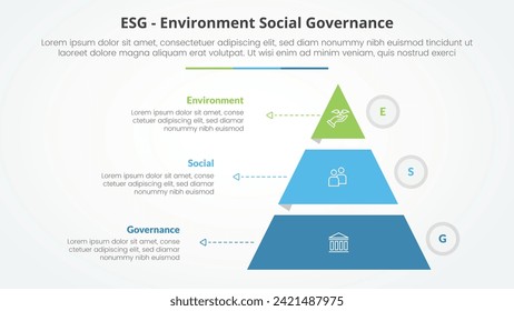 ESG frameworks infographic concept for slide presentation with pyramid shape slice stack and outline circle with 3 point list with flat style