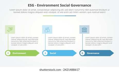 ESG marcos de concepto infográfico para presentación de diapositivas con flecha rectangular y banner en la parte superior de la cabecera con lista de 3 puntos con estilo plano