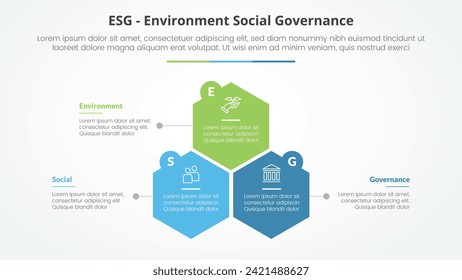 ESG frameworks infographic concept for slide presentation with hexagon or hexagonal shape structure with 3 point list with flat style