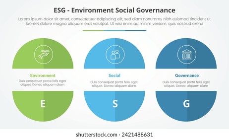 ESG frameworks infographic concept for slide presentation with big circle cut truncated half slice with 3 point list with flat style