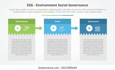 ESG Frameworks Infografik-Konzept für Diapräsentation mit kreativen Boxtabellen mit großer Kopfzeile und Pfeil mit 3 Punkten Liste mit flachem Stil