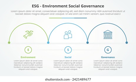 Enfoques ESG concepto infográfico para presentación de diapositivas con contorno de semicírculo dirección horizontal con lista de 3 puntos con estilo plano