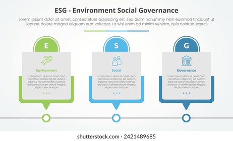 ESG marcos de concepto infográfico para presentación de diapositivas con tabla de tiempos de caja con encabezado de círculo con lista de 3 puntos con estilo plano