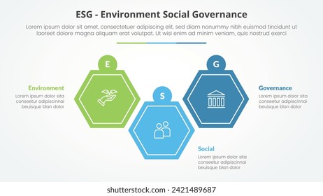 ESG frameworks infographic concept for slide presentation with hexagon shape up and down with 3 point list with flat style