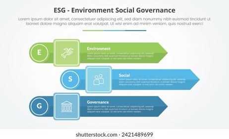 ESG frameworks infographic concept for slide presentation with rectangle arrow stack with circle edge with 3 point list with flat style