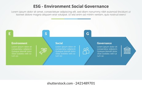 ESG frameworks infographic concept for slide presentation with big arrow rectangle shape right direction with 3 point list with flat style