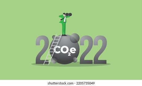 ESG And Green Business Policy Concept In The Year 2022. A Vision Businessman Uses Binoculars. Net Zero Emission, Carbon Footprint, Carbon Dioxide Equivalent, Global Greenhouse Gas, Save The World.