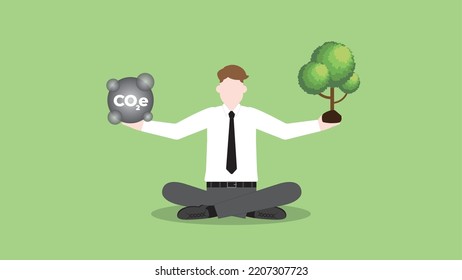 ESG And Green Business Policy Concept Of Net Zero Emission, Carbon Footprint, Carbon Dioxide Equivalent, Global Greenhouse Gas, Save The World. Businessman Balance Pollution And Tree In Hand.