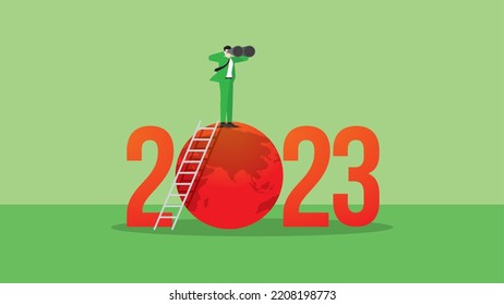 ESG and green business policy concept in the year 2023. A vision businessman uses binoculars. Net zero emission, carbon footprint, carbon dioxide equivalent, global greenhouse gas, save the world.