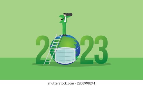 ESG And Green Business Policy Concept In The Year 2023. A Vision Businessman Uses Binoculars. Net Zero Emission, Carbon Footprint, Carbon Dioxide Equivalent, Global Greenhouse Gas, Save The World.