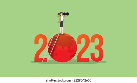 ESG and green business policy concept in the year 2023. A vision businesswoman uses binoculars. Net zero emission, carbon footprint, carbon dioxide equivalent, global greenhouse gas, save the world.