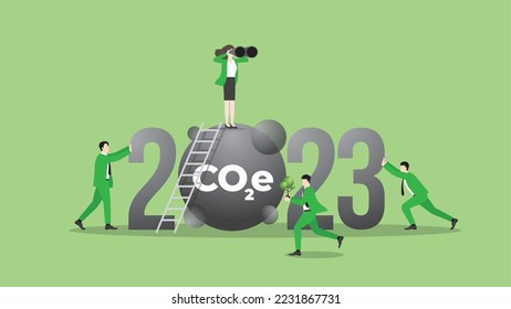 ESG and green business policy concept. Teamwork of green vision businesswoman in the year 2023. Carbon dioxide net zero emission, carbon footprint, planting tree, global greenhouse gas, save the world