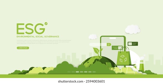 ESG, green energy, Environmental, Social, and Corporate Governance concept. Sustainability, green thacnology, dijital, busniss sustainable, illustration set and Vector illustration.