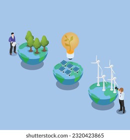 ESG, green energy, sustainable industry with windmills and solar energy panels isometric 3d vector illustration concept for banner, website, illustration, landing page, flyer, etc