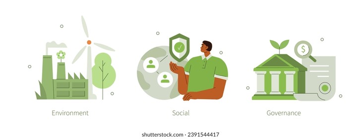 ESG, green energy, sustainable industry, ecological production concept set. Environmental, Social, Corporate Governance. Vector illustration isolated on white background 