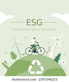 
ESG, green energy, sustainable industry, ecological production concept banner. Environmental, Social, Corporate Governance. Vector illustration  