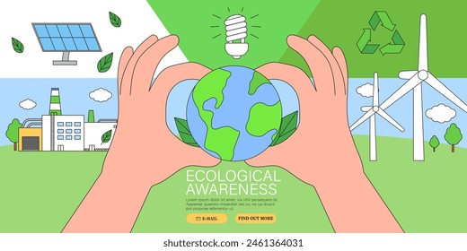 ESG, green energy, sustainable industry or ecological production concept banner. Environmental, Social, Corporate Governance vector illustration. Hands or arms hold earth banner, placard, poster.