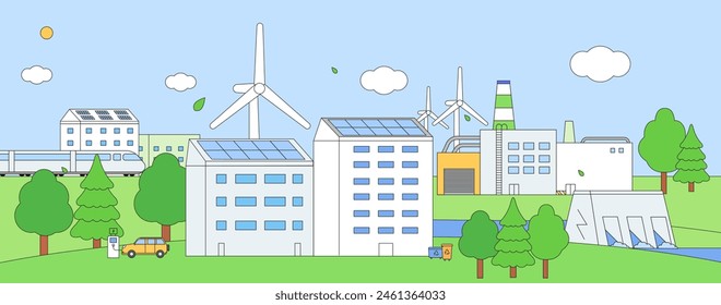 ESG, green energy, sustainable industry or ecological production integration concept banner. Environmental, Social, Corporate Governance vector illustration. Horizontal eco city scene background.