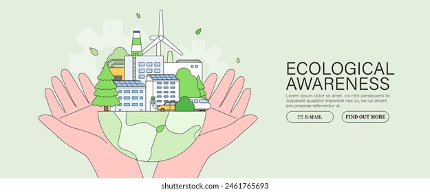 ESG, green energy, sustainable industry or ecological production integration concept banner. Environmental, Social, Corporate Governance vector illustration. Hands hold eco city scene background.