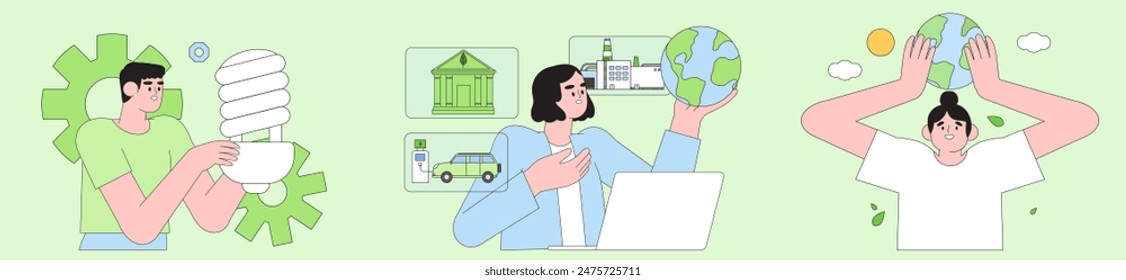 ESG, green energy, sustainable industry or ecological production integration concept set. Environmental, Social, Corporate Governance vector illustration. Eco activists with laptop hold earth.