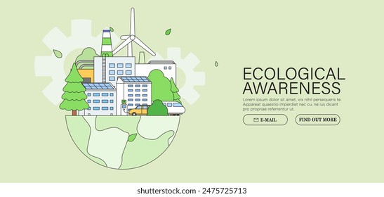 ESG, Green Energy, Sustainable Industry oder Ecological Production Concept Banner. Umwelt, Soziales, Corporate Sound Governance Vektorillustration. Earth vs Industry Harmony Banner, Plakat, Poster.