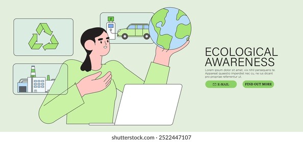 ESG, green energy, sustainable industry or ecological production concept banner. Environmental, Social, Corporate Governance vector illustration. Earth vs industry harmony banner, placard, poster.