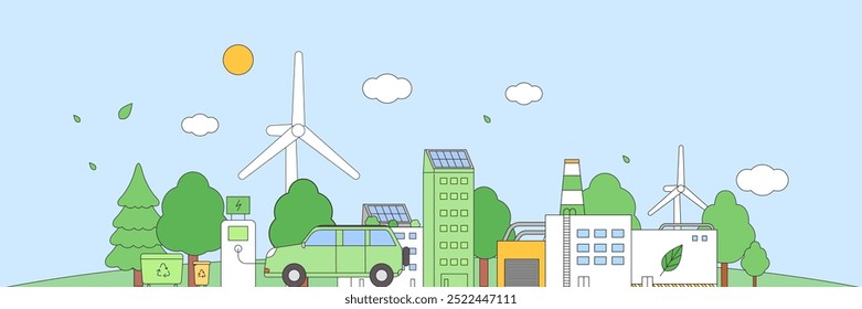 ESG, energia verde, indústria sustentável ou banner de conceito de integração de produção ecológica. Ilustração vetorial ambiental, social e de governança corporativa. Plano de fundo horizontal da eco-cidade.