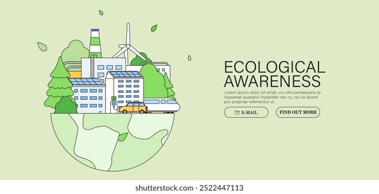 ESG, energía verde, industria sostenible o Anuncio de concepto de producción ecológica. Ilustración vectorial Ambiental, Social, de Gobernanza Corporativa. Tierra vs industria armonía Anuncio, cartel, cartel.