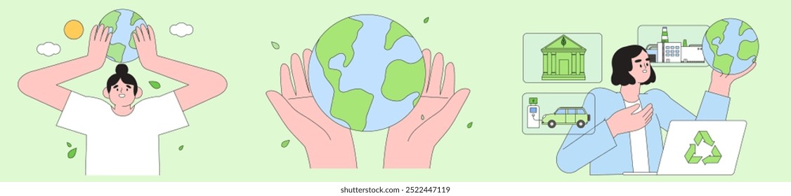 ESG, green energy, sustainable industry or ecological production integration concept set. Environmental, Social, Corporate Governance vector illustration. Eco activists with laptop hold earth.