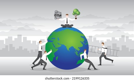 ESG and green policy concept of net zero emission, carbon footprint, carbon dioxide equivalent, global greenhouse gas, save the earth. Business teamwork helps the world by planting a tree. 