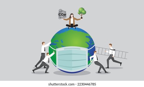 ESG and green policy concept of net zero emission, carbon footprint, carbon dioxide equivalent, global greenhouse gas, save the earth. A businesswoman and teamwork help the world by planting a tree.
