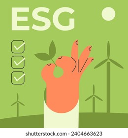 ESG. Hand with a plant on a background of nature. Environmental social and corporate governance. Green energy, sustainable industry with windmills and solar panels. Flat vector illustration.