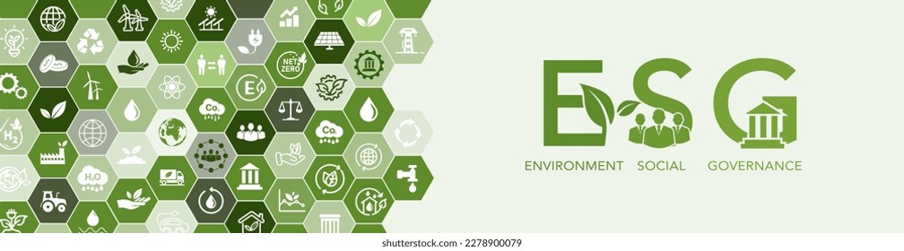 ESG Icon Banner - Environment, Society and Governance environmental concept social connection related icons environmental friendly icon set