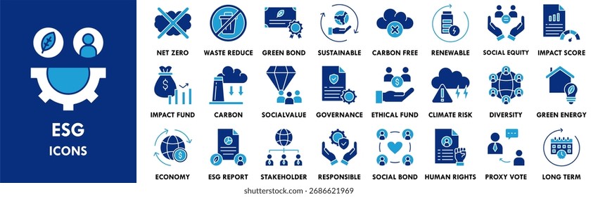 Conjunto de colección de iconos ESG. Contiene diseño verde, sostenible, medio ambiente, sostenibilidad, ambiental, corporativo