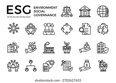 Conjunto de colección de iconos ESG. Contiene sostenibilidad, ética, gobernanza, clima, impacto, responsabilidad, diversidad, inclusión, transparencia, ícono renovable. ícono sólido Vector