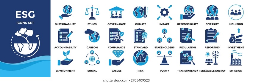 ESG icon collection set. Containing sustainability,ethics,governance,climate,impact,responsibility,diversity,inclusion,transparency,renewable icon