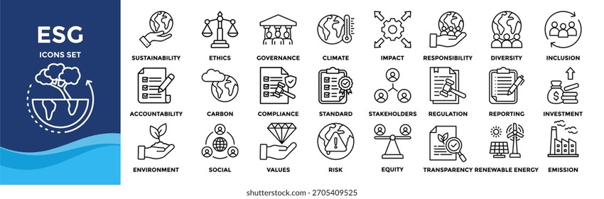 Conjunto de colección de iconos ESG. Contiene sostenibilidad, ética, gobernanza, clima, impacto, responsabilidad, diversidad, inclusión, transparencia, icono renovable