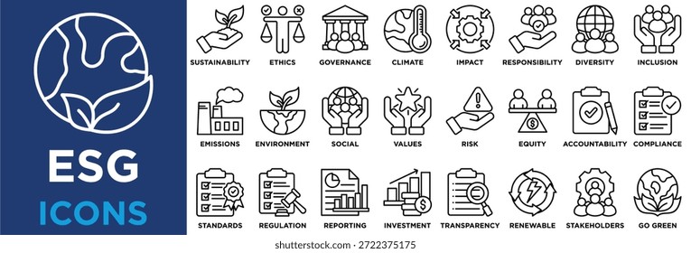 Conjunto de coleta de ícones do ESG. Contendo sustentabilidade,ética,governança,clima,impacto,responsabilidade,diversidade,inclusão,transparência,ícone renovável