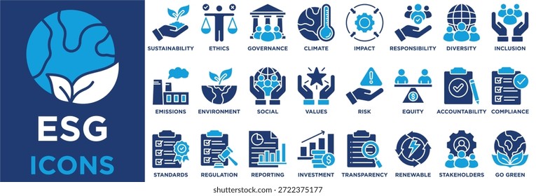 Conjunto de coleta de ícones do ESG. Contendo sustentabilidade,ética,governança,clima,impacto,responsabilidade,diversidade,inclusão,transparência,ícone renovável