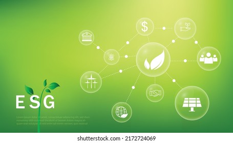 ESG icon. concept of business trend. environmental, social, and governance in sustainable and ethical business on the Network connection. with globe on a green background.