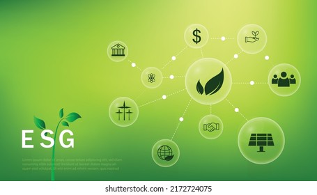 ESG icon. concept of business trend. environmental, social, and governance in sustainable and ethical business on the Network connection. with globe on a green background.