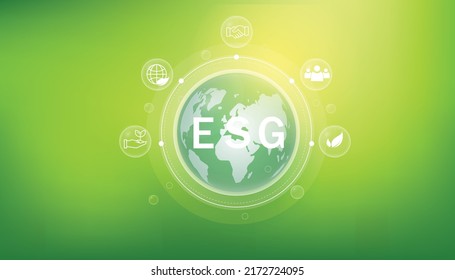 ESG icon. concept of business trend. environmental, social, and governance in sustainable and ethical business on the Network connection. with globe on a green background.