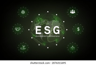 Icono de ESG concepto ambiental, social y gobernabilidad en negocios sostenibles y éticos en la conexión de la Red sobre un fondo verde.