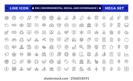 Conjunto de esquemas de iconos ESG, icono de línea ambiental, social y de gobernanza. COLECCIÓN de iconos de esquema ESG. Incluye Sostenibilidad, Panel Solar. Conjunto de iconos de esquema sobre la gobernanza social ambiental.
