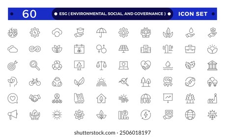 ESG icon Outline set, Environmental, Social, and Governance line icon. ESG outline icons collection. Includes Sustainability, Solar Panel. Set of outline icons about Environmental Social Governance.
