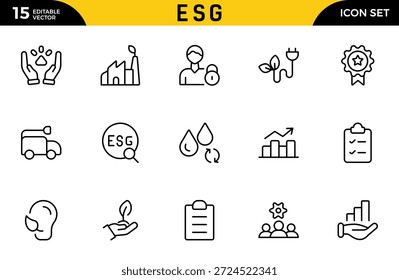 Ícone do ESG Conjunto de estrutura de tópicos. Ícone de linha Ambiental, Social e Governança. Coleção de ícones da estrutura de tópicos do ESG. Inclui Sustentabilidade, Painel Solar. Pacote fino de ícones de estrutura de tópicos. Ilustração vetorial