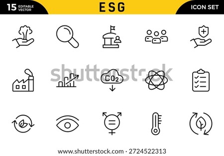 ESG icon Outline set. Environmental, Social, and Governance line icon. ESG outline icons collection. Includes Sustainability, Solar Panel. Thin outline icons pack. Vector illustration