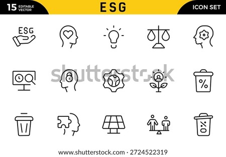 ESG icon Outline set. Environmental, Social, and Governance line icon. ESG outline icons collection. Includes Sustainability, Solar Panel. Thin outline icons pack. Vector illustration